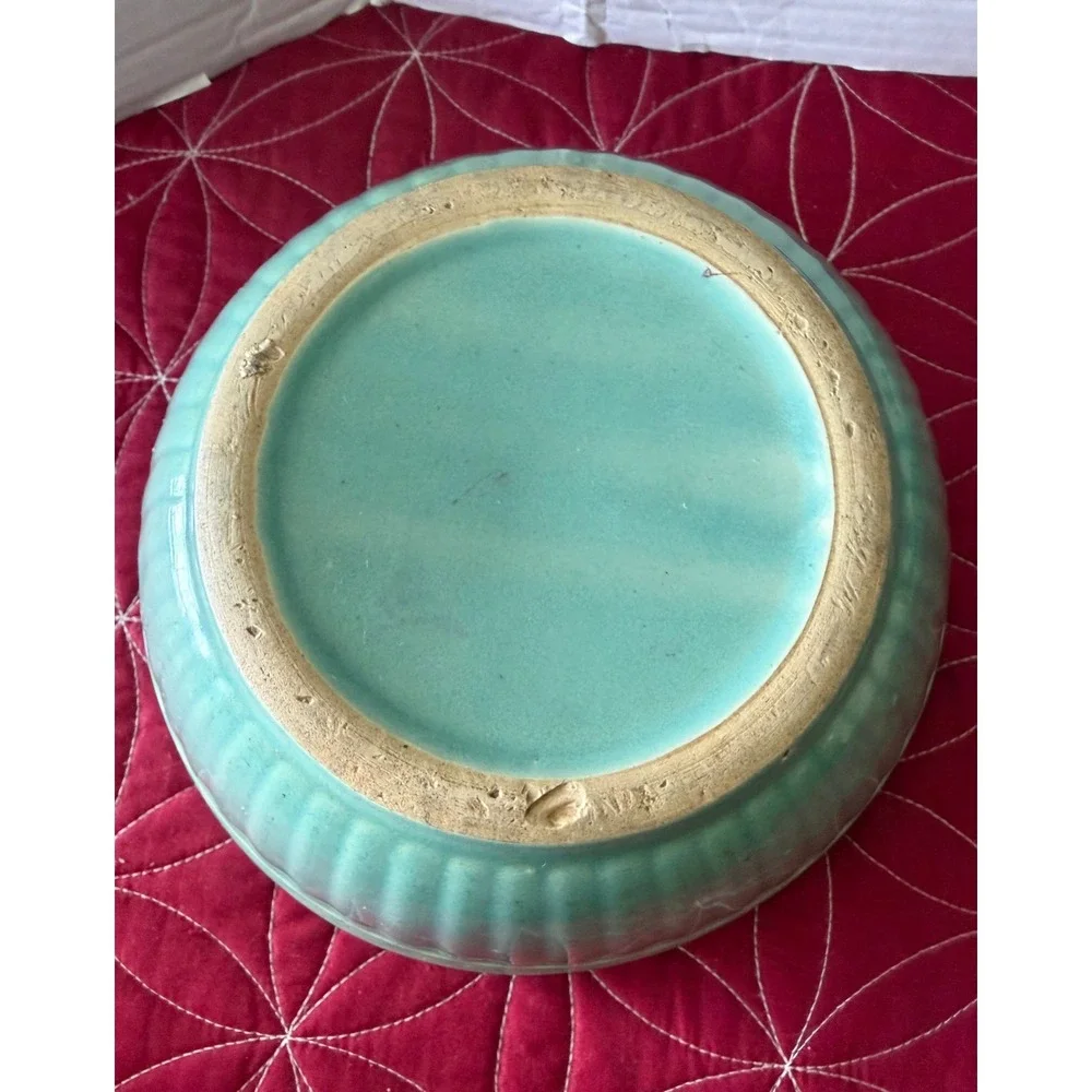 Vintage Teal Green Ribbed Stoneware Mixing Bowl Ceramic Farmhouse Kitchen Decor